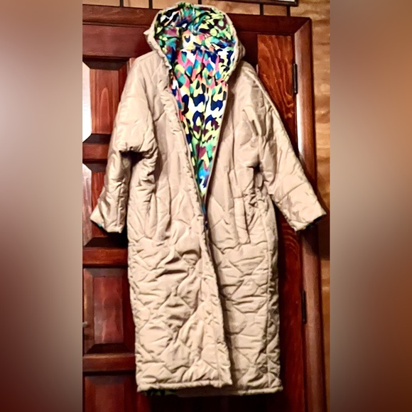 NEW double-sided OVERSIZED leopard print gold beige quilted hooded coat - Picture 9 of 15